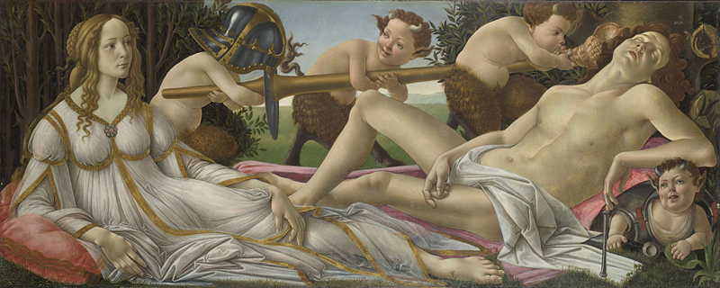 Sandro Botticelli Venus and Mars about 1485 Tempera and oil on poplar, 69.2 x 173.4 cm Bought, 1874 NG915 https://www.nationalgallery.org.uk/paintings/NG915